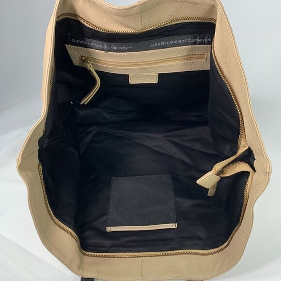 Clever Carriage Company Leather Shoulder Tote Bag Beige & Black 22"Wx14.5"Hx6"D - Picture 5 of 11